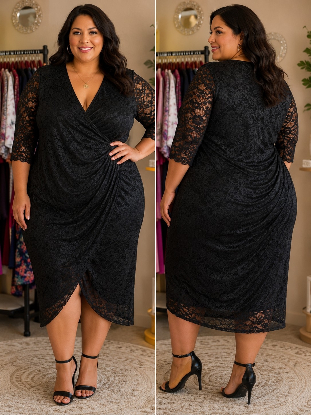 SHEIN Black Lace Faux-Wrap Tulip Midi Dress